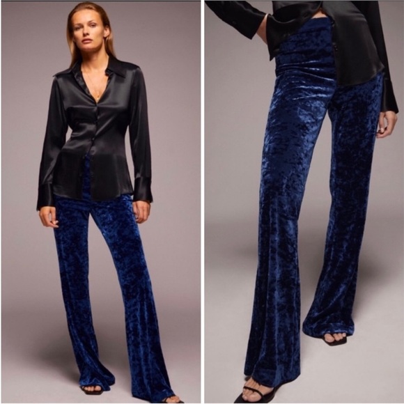 Zara Crushed Velvet Flare Leg Pants in blue size Large retro night out - Picture 1 of 11